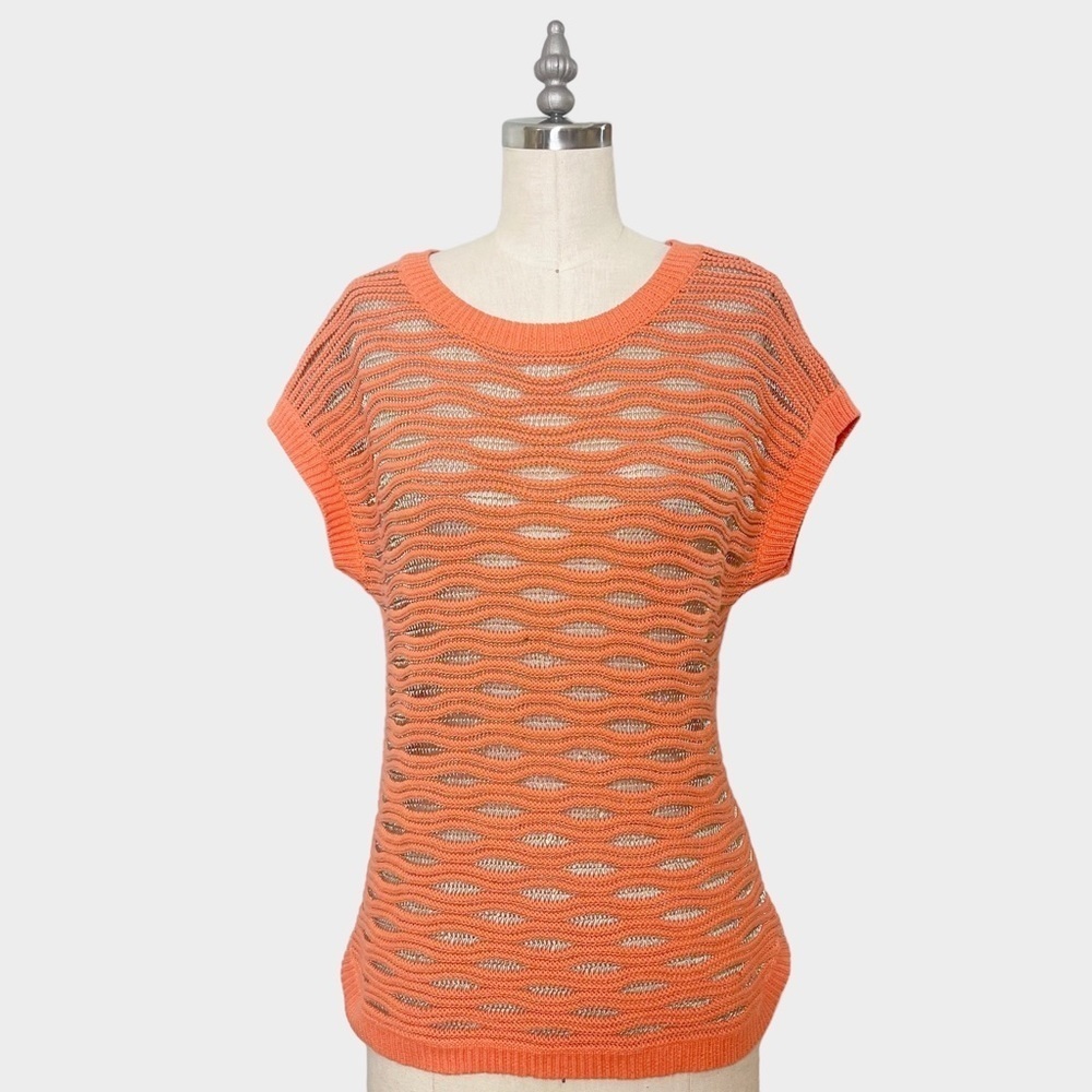 Ann Taylor Mesh Open Weave Short Sleeve Sweater Orange Metallic
